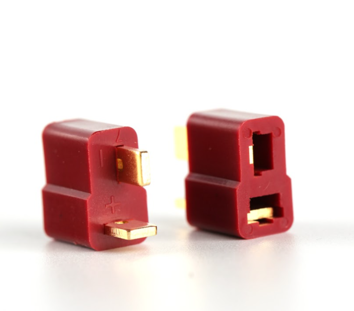 Product type: deans connector or T plug Connector type: pair of male and female connector Best suited for: LiPo Battery Colour: Red and Copper (as shown in image) Shape: Banana Connector Current rating: 60A of continuous load Maximum current: 75A Material: plastic and copper Package contains: 1 X T plug or deans connector male and female pair