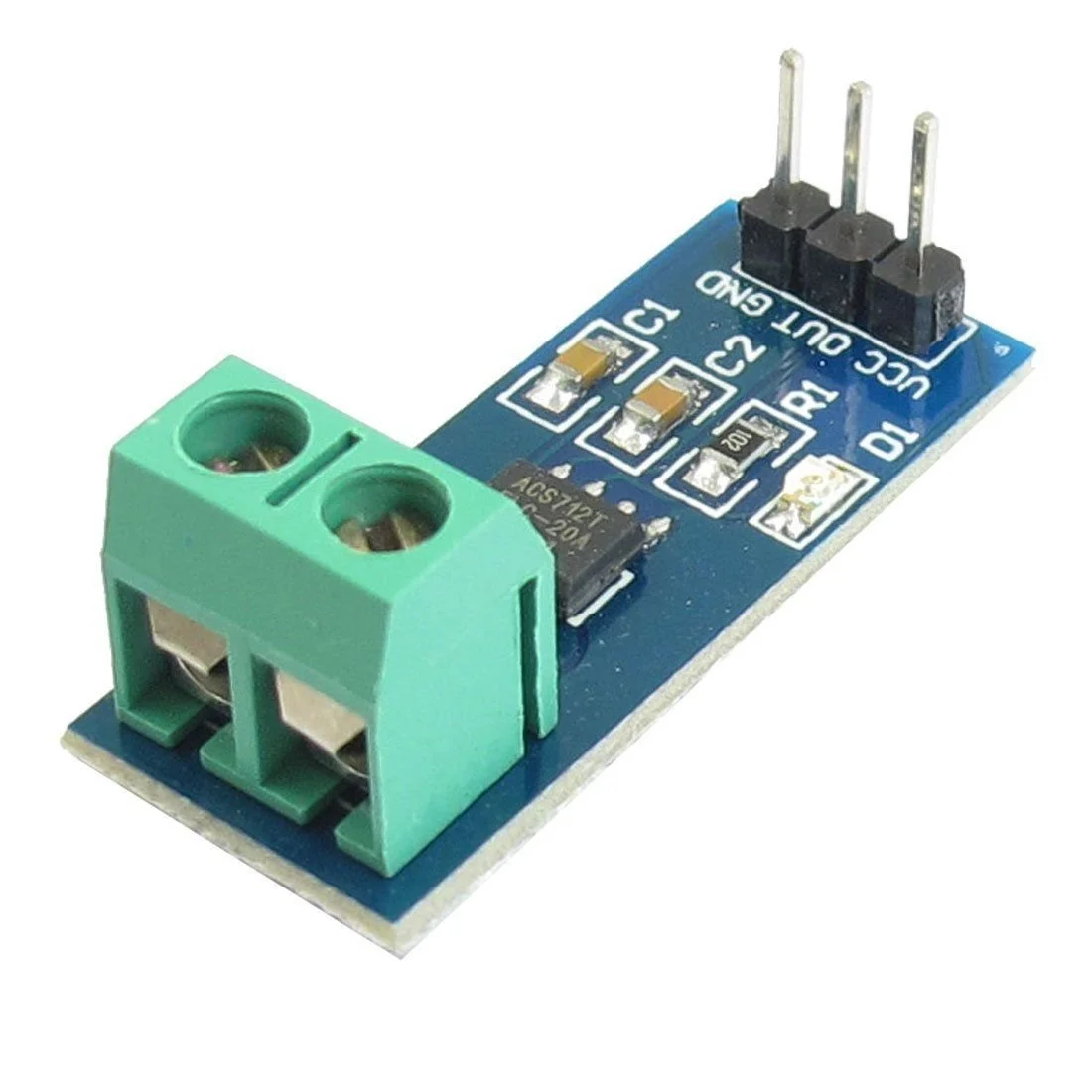 current-sensor-ACS712 Features : The low-noise analog signal path Device bandwidth is set via the new FILTER pin 5 µs output rise time in response to step input current Small footprint, low-profile SOIC8 package 2.1 kV RMS minimum isolation voltage from pins 1-4 to pins 5-8 5.0 V, single-supply operation 66 to 185 mV/A output sensitivity Output voltage proportional to AC or DC currents Factory-trimmed for accuracy Extremely stable output offset voltage Nearly zero magnetic hysteresis The ratiometric output from the supply voltage. Package Includes : 1 x 20A Range Current Sensor Module ACS712