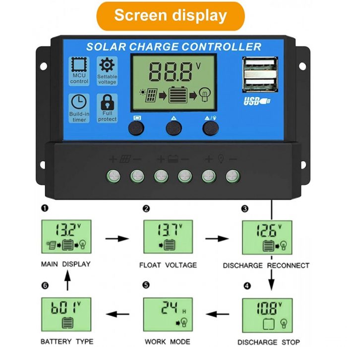10A Intelligent LCD Solar Controller with USB Output Port - Image 3