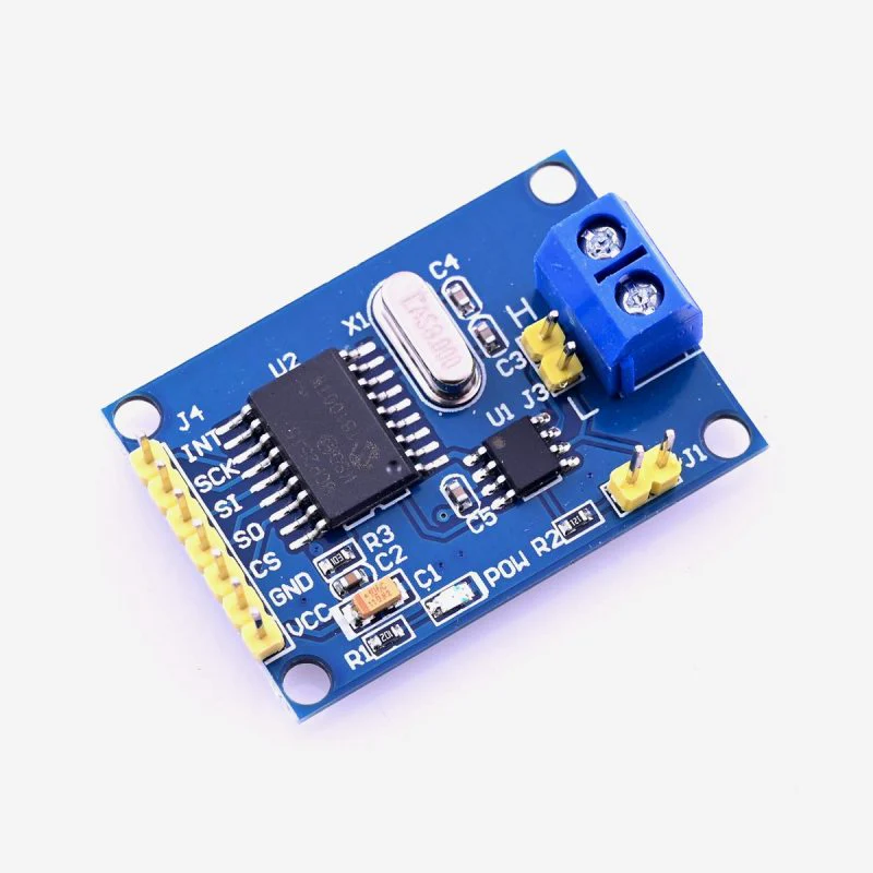 This is MCP2515 CAN Module TJA1050 Receiver SPI 51 Single Chip Program Routine Arduino with this module, you will find easy to control any CAN Bus device by SPI interface with your MCU, such as Arduino UNO and Compatible with Arduino based micro-controller projects. Pin Definitions VCC 5V power input pin GND power ground pin CS SPI SLAVE select pin (Active Pin) SO SPI master output slave input pin SCLK SPI clock pin INT MCP2515 interrupt pin Interface J1 120R resistor terminal selection J2 CANH, CANL KF301-2P block output J3 CANH, CANL pin output Schematic of MCP2515 CAN Module TJA1050 Receiver SPI 51 CAN2515_Schematic Features : Support CAN V2.0B technical standard, communication rate 1Mb / S. 0 to 8 bytes long data field. Use High-speed CAN transceiver TJA1050 SPI control for expanding Multi CAN bus interface Use serial port could view the communication data With the independent key, LED indicator, Power indicator With power pin Standard frames, extended frames, and remote frames. Impedance matching, guaranteed drive capability, long-distance data transmission, prevent signal radiation Positioning screw hole center spacing 23 mm x 38 mm The working current: typical 5mA, standby current 1 microamp. Except for the power indicator. Package Includes : 1x MCP2515 CAN Bus Module TJA1050 Receiver SPI Protocol 51 Single Chip Micro-controller Program Routine.