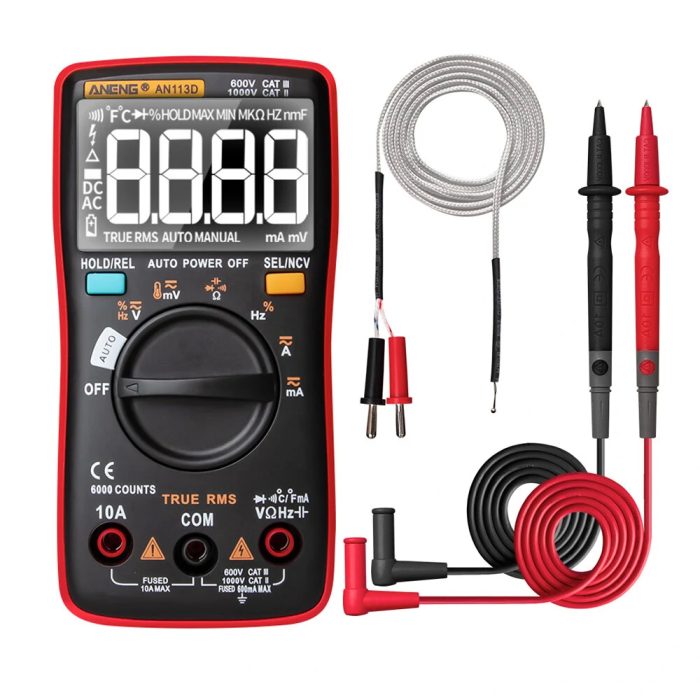 ANENG AN113D-Multimeter 1. Measurement functions include AC/DC voltage, AC/DC current, resistance, diode test/continuity, NCV, frequency/duty cycle, capacitance. 2. Support True- RMS 3. Support Auto Power Off 4. Support temperature measurement 5. Support data hold