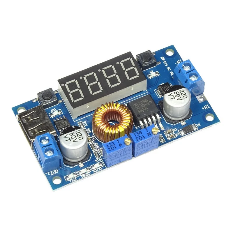 This product is a 180 kHz fixed frequency PWM buck (step-down) DC/DC module, capable of driving a 5A load with high efficiency, low ripple, and excellent line and load regulation. The module with a voltage meter to display the input voltage and output voltage, and the voltage can be corrected through the button to improve the accuracy of the voltmeter.